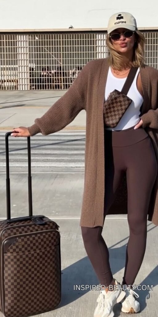 Travel outfit with long cardigan layered over leggings and sneakers for comfort and style