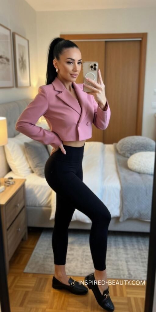 Chic street style outfit with blazer and leggings paired with sneakers