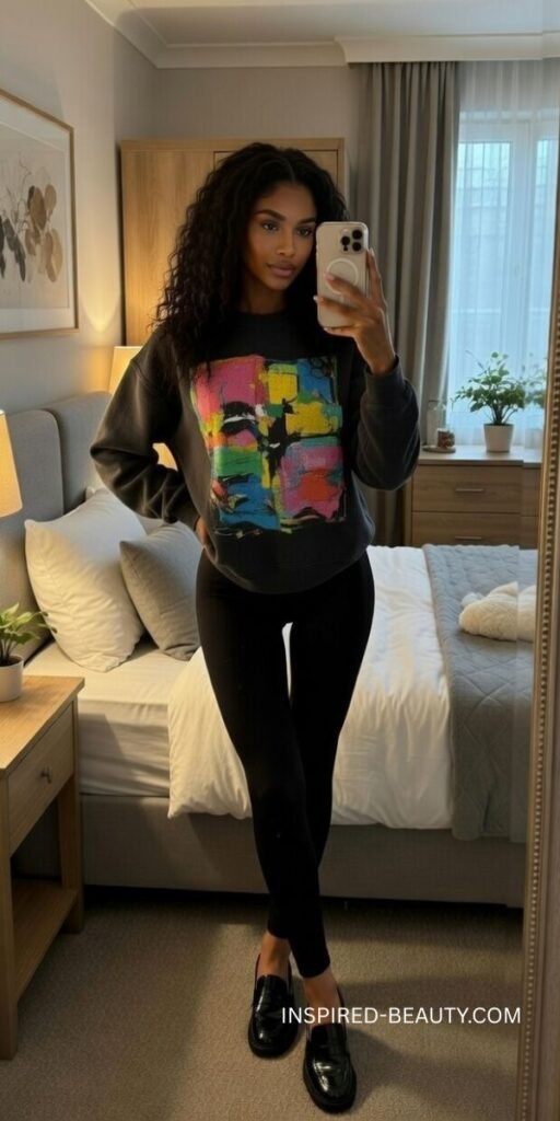 Graphic sweatshirt styled with leggings and chunky sneakers for a trendy casual look