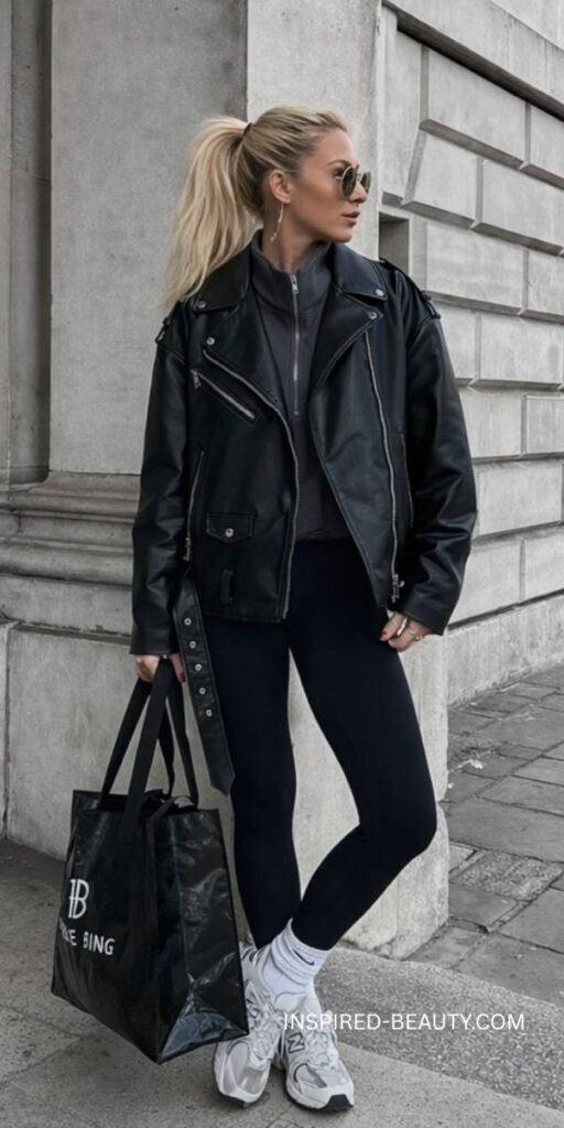 Edgy outfit with leather jacket and leggings styled with sneakers for cooler summer evenings