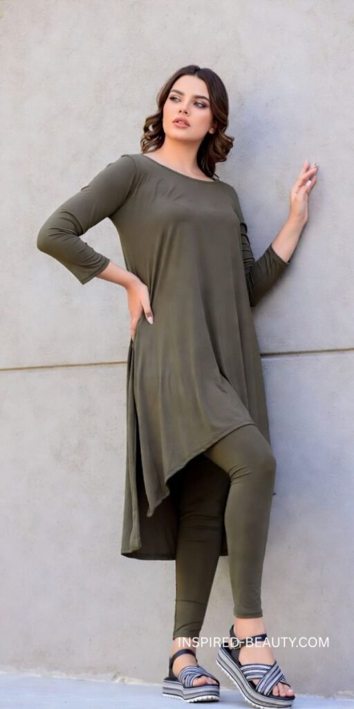 Flowy tunic styled with leggings and flat sandals for a comfortable summer outfit