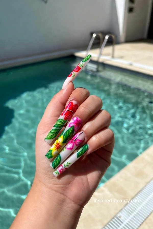 Vibrant tropical floral nails with bold colors and detailed flower patterns on long acrylic nails.