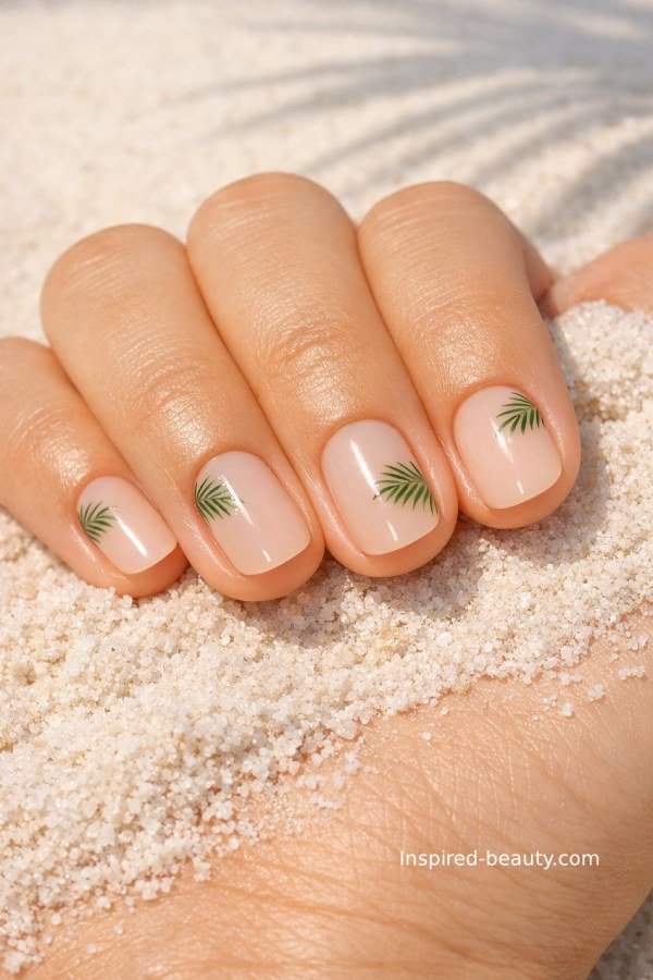 Short nude nails with a simple green palm leaf accent, styled in a minimal tropical vacation look.