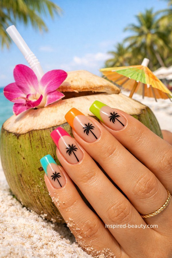 Bright neon French tip nails with small palm tree designs, glossy finish, perfect for a bold beach vacation style.
