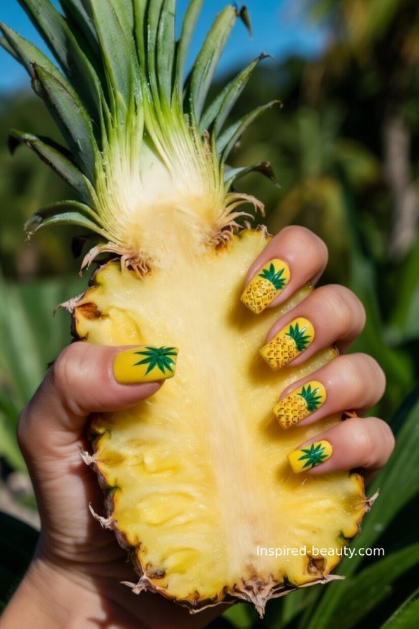Yellow tropical nails with cute pineapple nail art and glossy finish, perfect for summer vacation vibes.