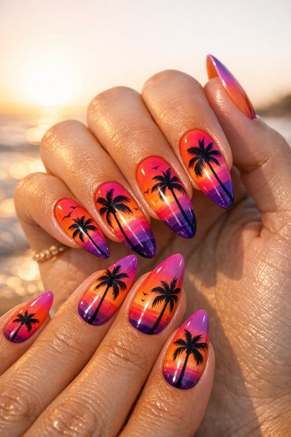 Close-up of tropical sunset nails with palm tree silhouettes in orange, pink, and purple gradient on glossy almond nails.