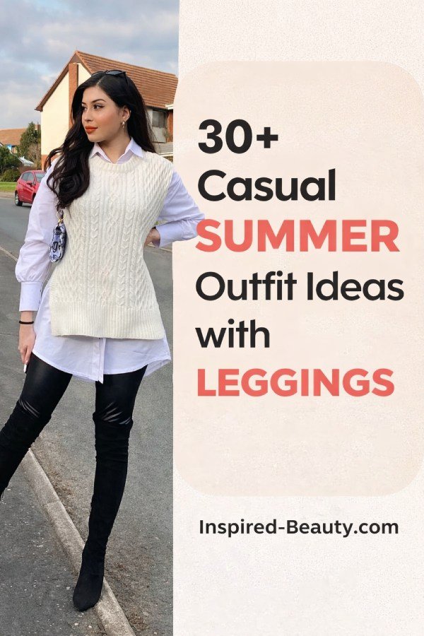 Layered summer outfit with long vest, tank top, and leggings for a modern look