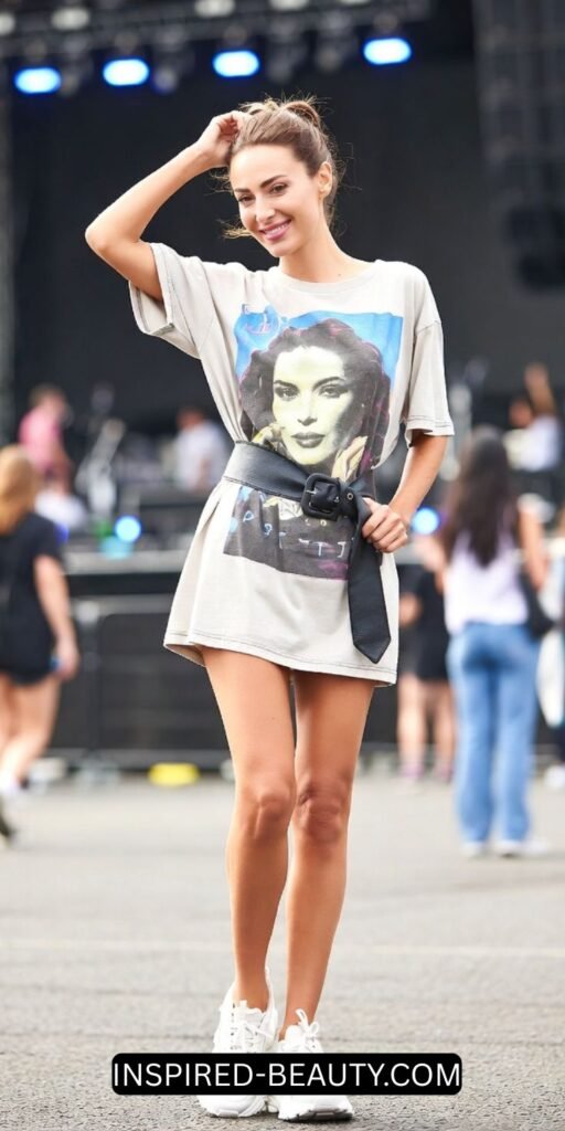 T-shirt dress with belt and sneakers comfortable concert outfit for women over 40