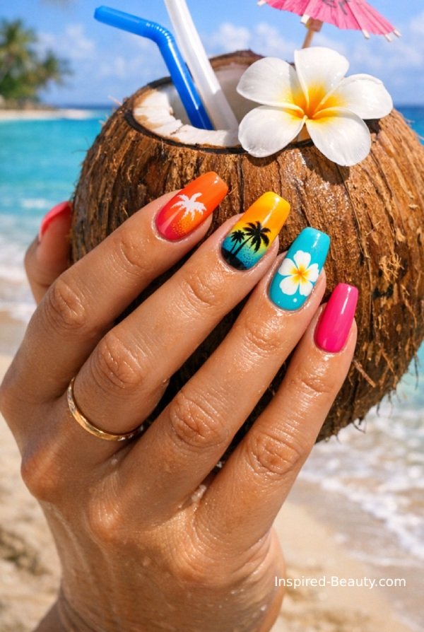 Shiny chrome nails with a reflective finish, modern and bold tropical style.