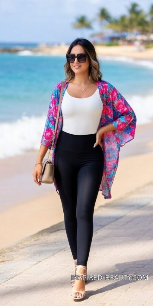 Flowy kimono layered over tank top and leggings for a relaxed summer outfit