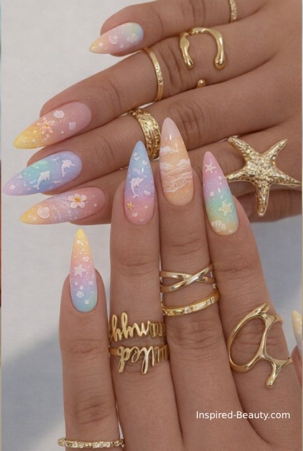 Soft pastel nails in light pink, blue, and yellow tones for a dreamy tropical vibe.