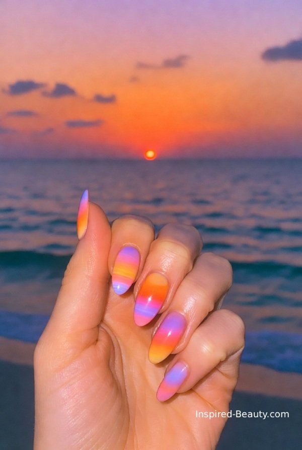 Warm gradient nails inspired by tropical sunsets with orange, pink, and purple tones.