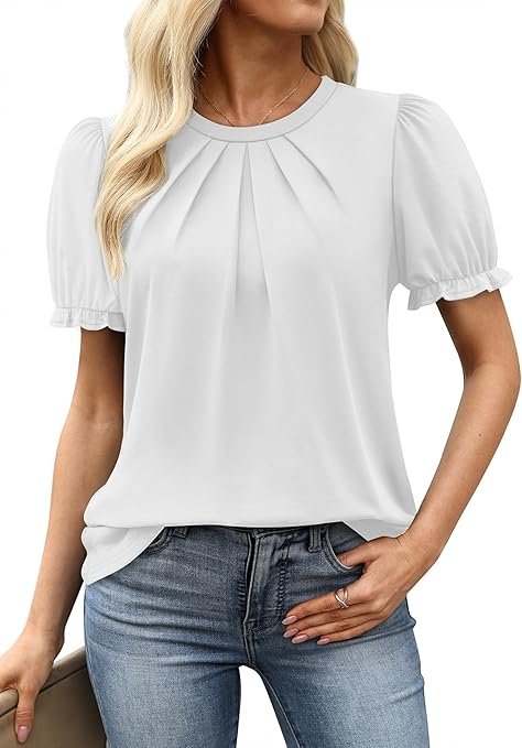 Womens Tops Short Puff Sleeve Shirts Pleated Curved Hem Blouses Dressy Casual Business Blouses Summer Outfits