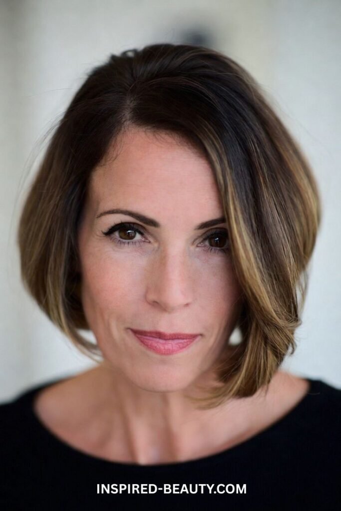 Woman with ash brown balayage hair blending grey strands with soft cool-toned highlights and loose waves