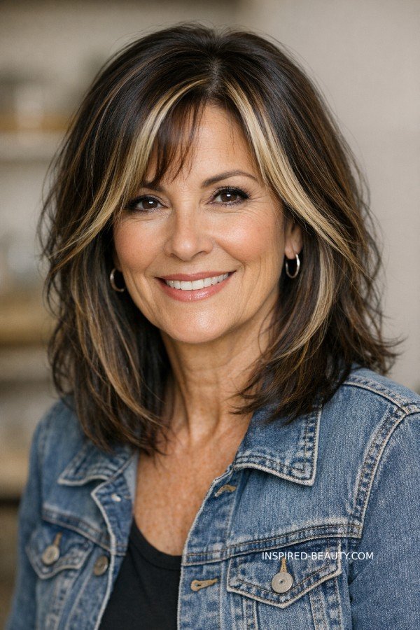 Brunette hair with face-framing highlights hiding grey hair around the face