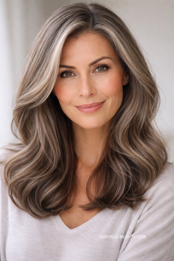 Light ash brunette hair color reducing contrast with grey hair
