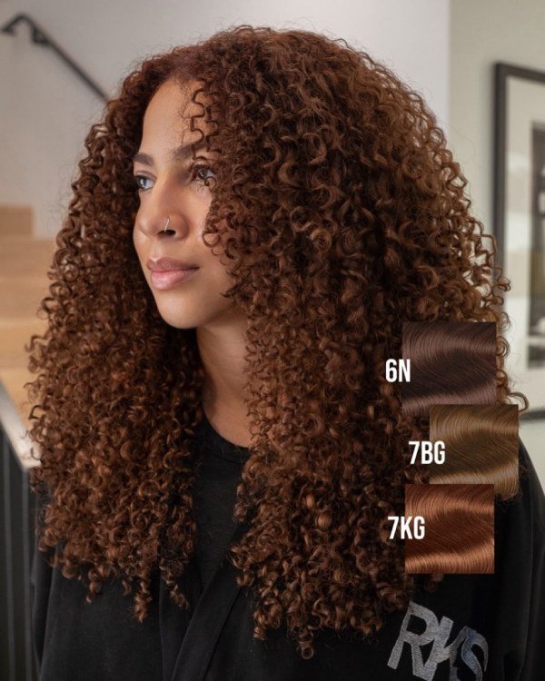 Warm cinnamon brown hair color adding dimension and hiding grey hair