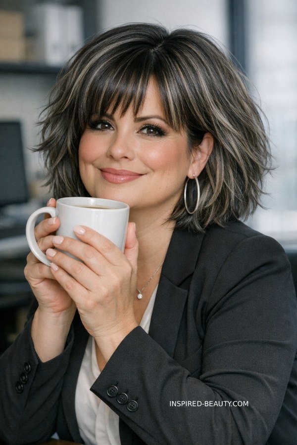 Brown hair with icy cool-toned highlights blending grey hair