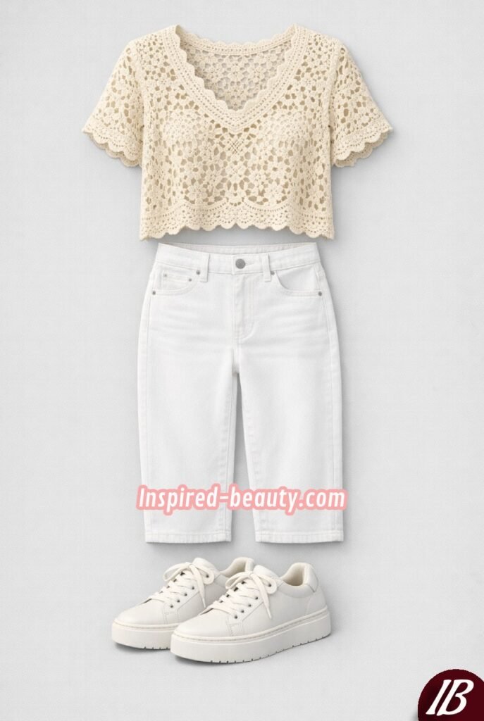 Crochet Top with White Jeans and Platform Sneakers