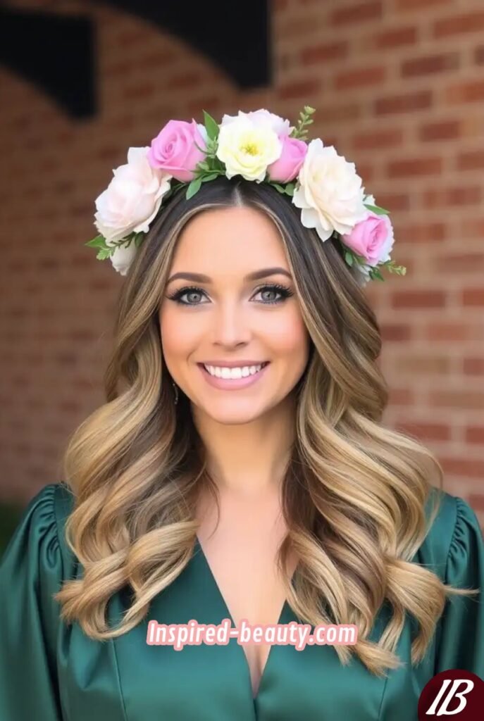 Floral Crown with Loose Waves graduation hairstyles