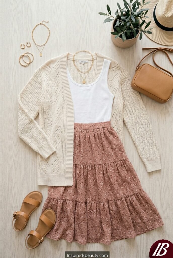 Spring Brunch Outfit Ideas - Flowy Midi Skirt with Simple Tank and Cardigan