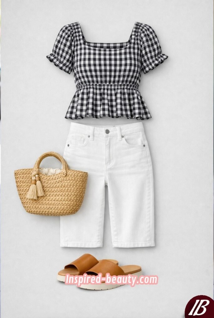 Gingham Top with White Jeans and Straw Hat