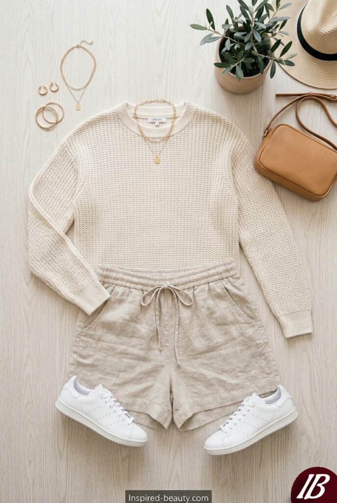 Spring Brunch Outfit Ideas - Linen Shorts with Cotton Sweater and Leather Sneakers