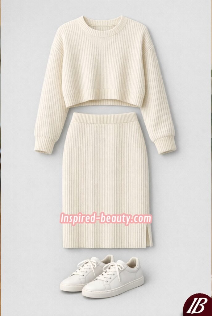 Matching Knit Set with Leather Sneakers