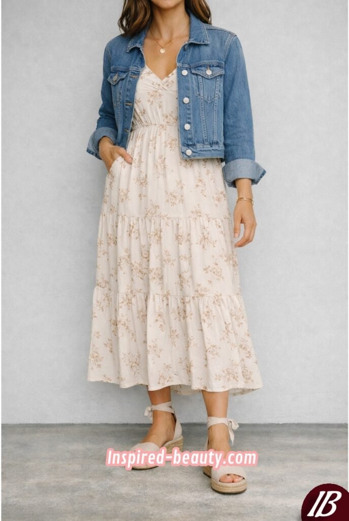 Maxi Dress with Denim Jacket and Espadrilles