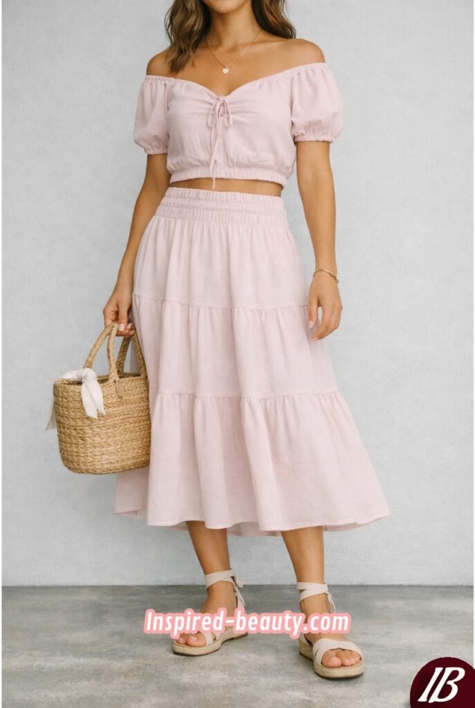 Pastel Coordinates with Basket Bag and Neutral Sandals