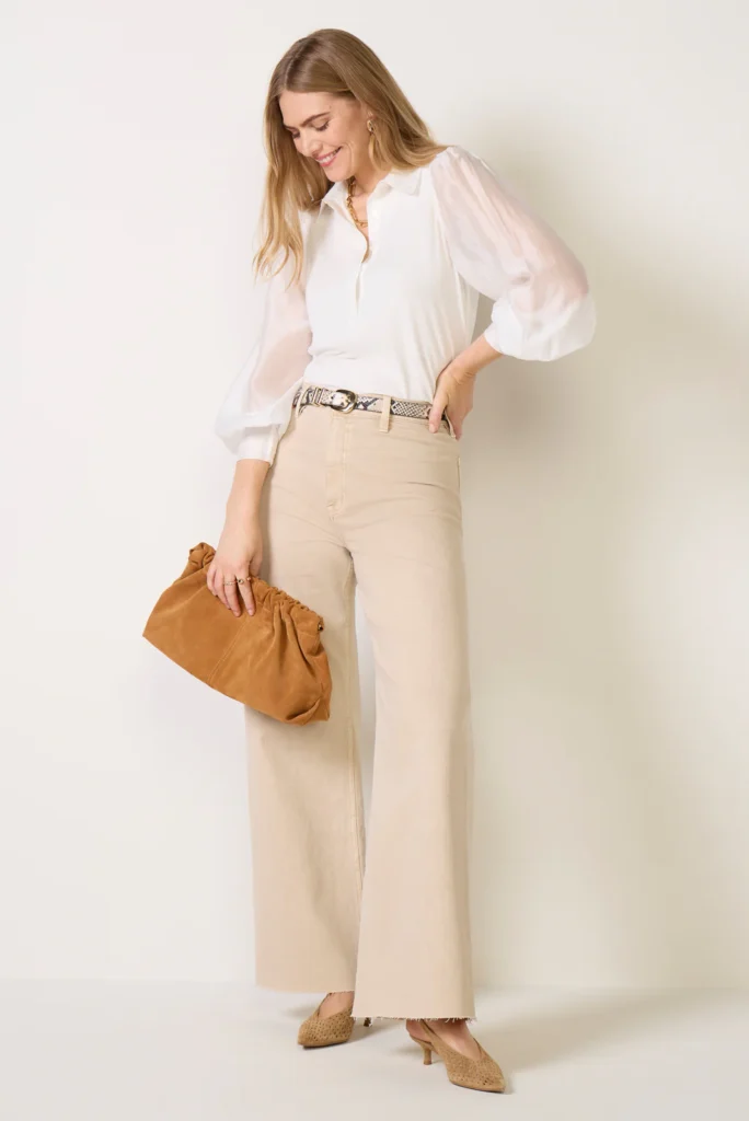 Sheer Sleeve Top with Linen Pants and Statement Bag