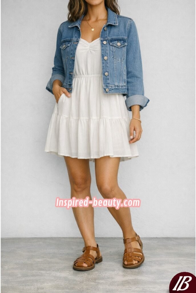 Sundress with Denim Jacket and Fisherman Sandals