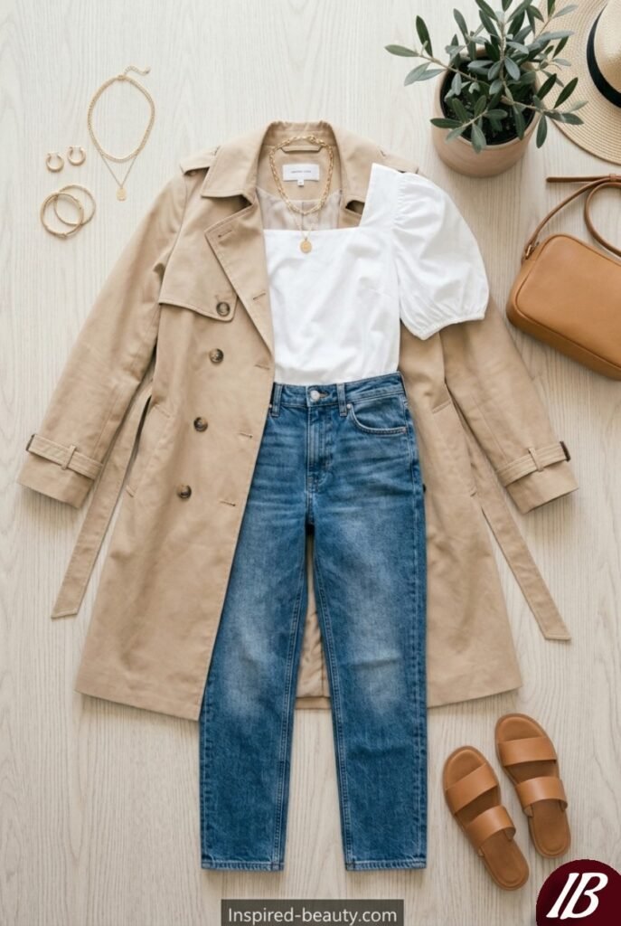 Well-Fitting Jeans with Puff-Sleeve Blouse and Trench Coat