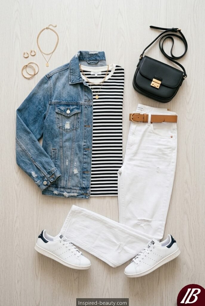 Spring Brunch Outfit Ideas - White Jeans with a Striped Tee and Denim Jacket