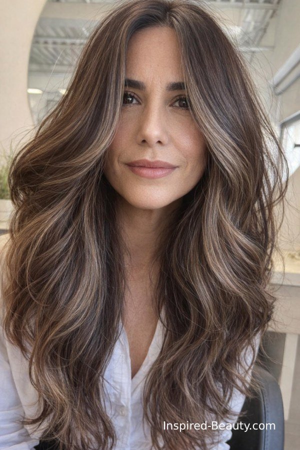 Neutral beige brown hair color with soft dimension blending grey strands