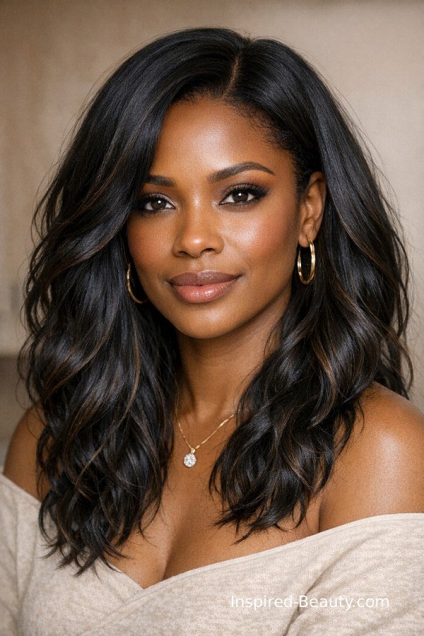 Soft black hair with subtle brown highlights blending grey hair naturally