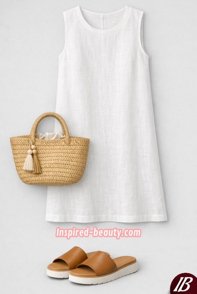 Linen Shift Dress with Woven Bag and Leather Slides