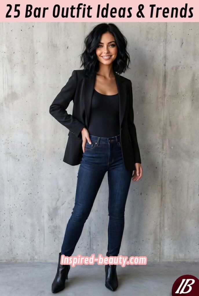 Blazer with Bodysuit and Dark Jeans plus Heeled Booties