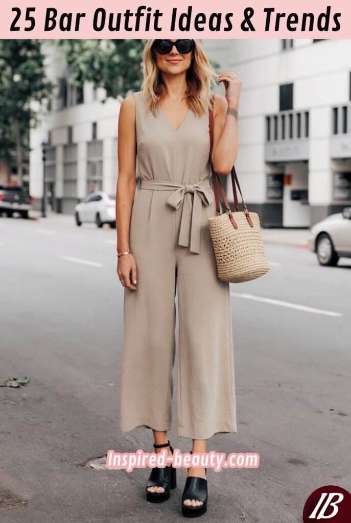 Jumpsuit with Block Heels and Woven Bag