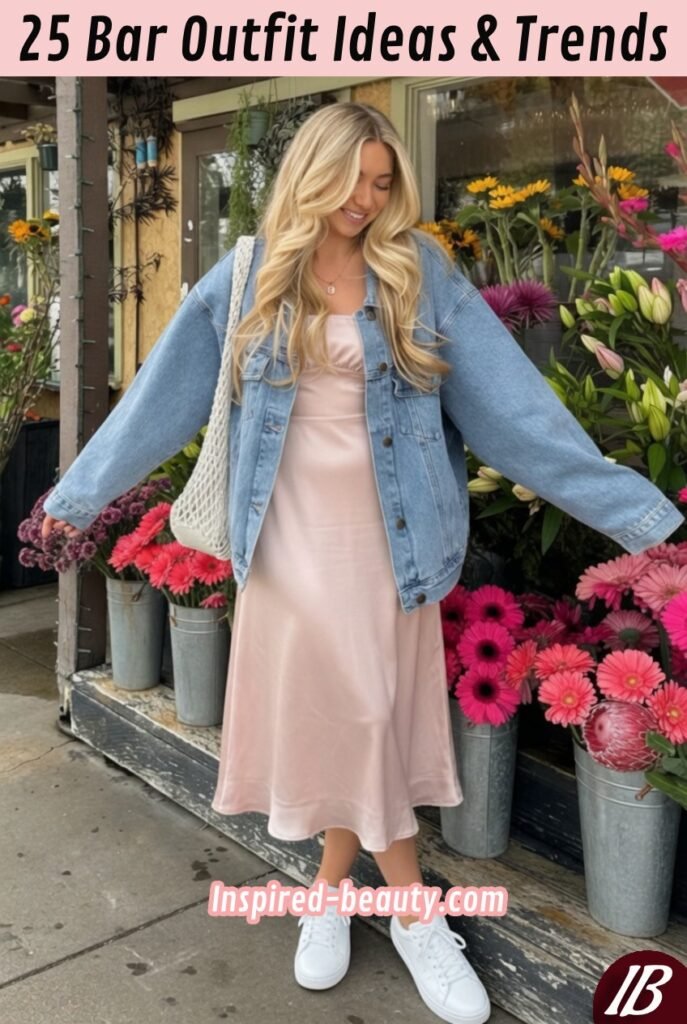 Satin Midi Dress with Clean White Sneakers and Denim Jacket