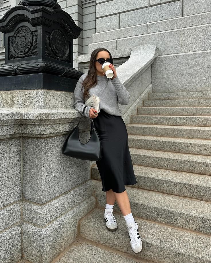 Silk Skirt with Cashmere Sweater and Leather Sneakers