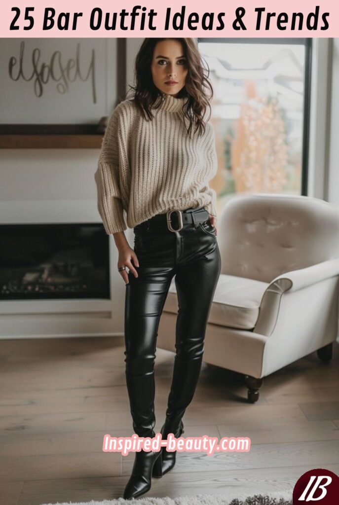 Turtleneck with Leather Pants and Heeled Booties