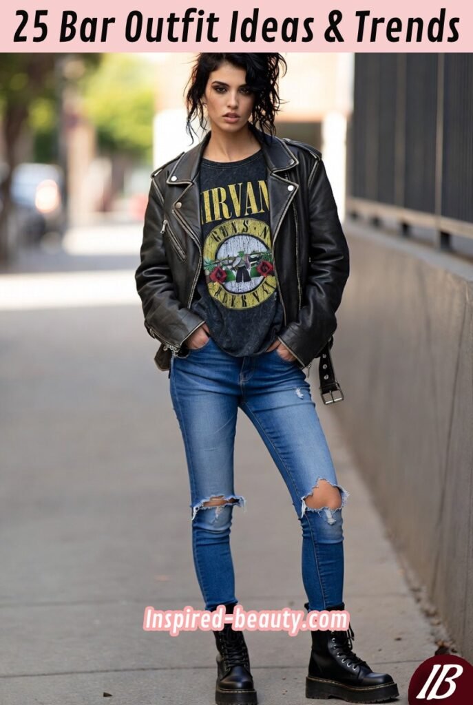 Vintage Band Tee with Leather Jacket and Ripped Jeans plus Combat Boots