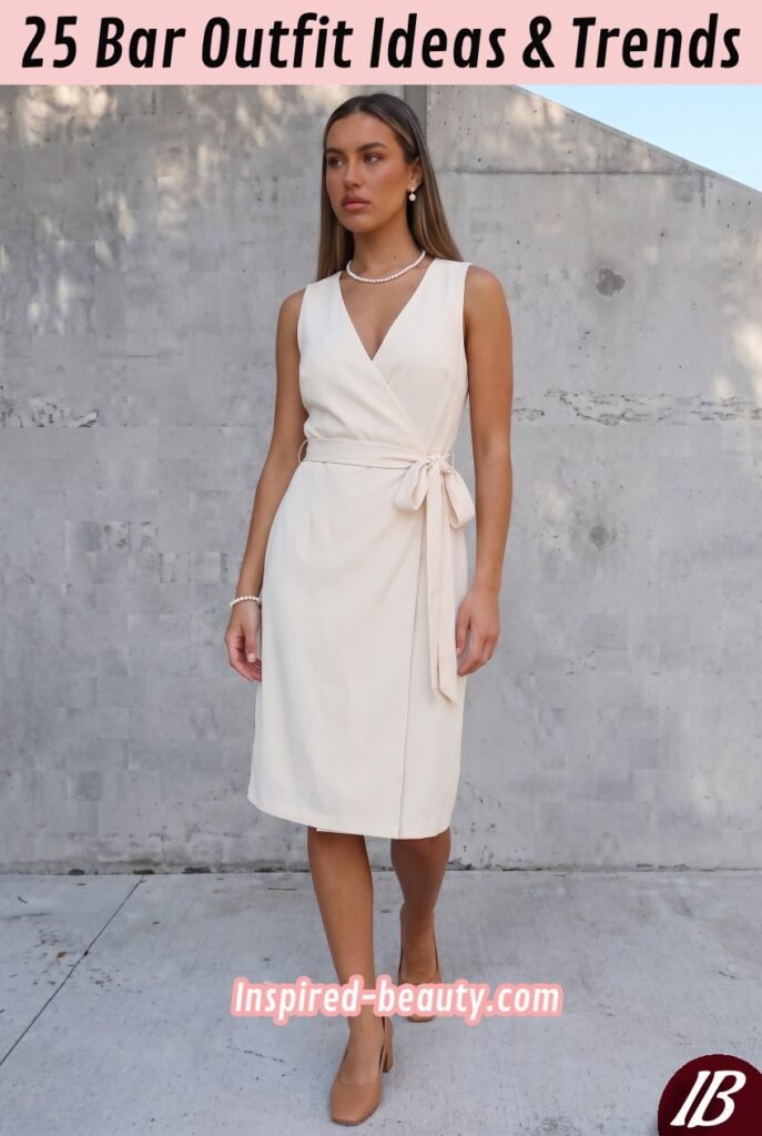 Wrap Dress with Low Block Heels and Pearl Jewelry