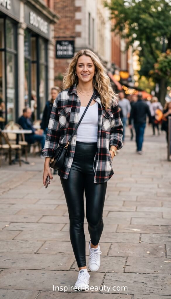 Black leather leggings paired with a shacket shirt and sneakers flats for a classic everyday outfit.