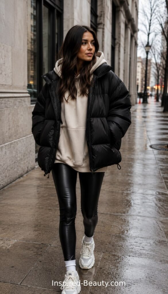 Leather leggings styled with an oversized hoodie, puffer coat, and chunky sneakers.