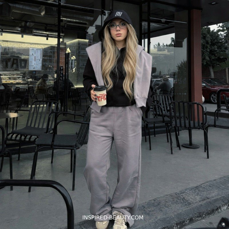 Neutral matching sweat set styled with sneakers for a cozy school outfit.