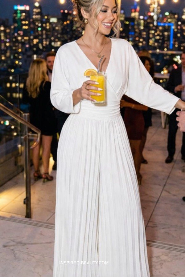 Stylish summer outfit with a long romper dress and heels perfect for a rooftop party