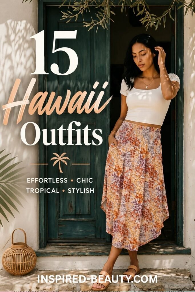 15 Hawaii outfits for women including beach looks, linen vacation outfits, sundresses, and tropical dinner outfits.