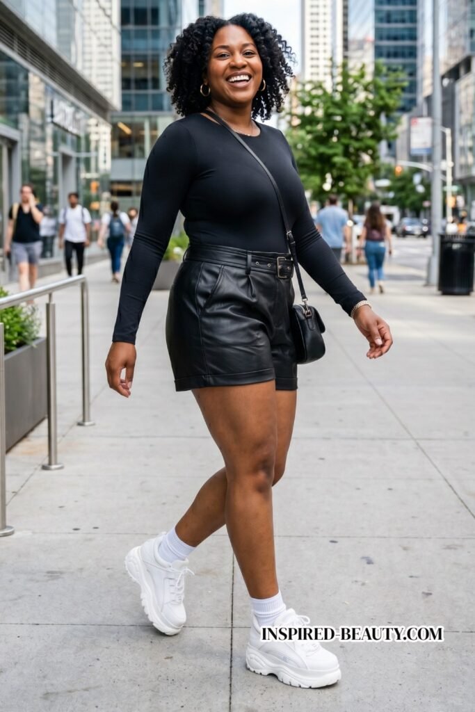 Bodysuit + Faux Leather Shorts + Platform Sneakers
